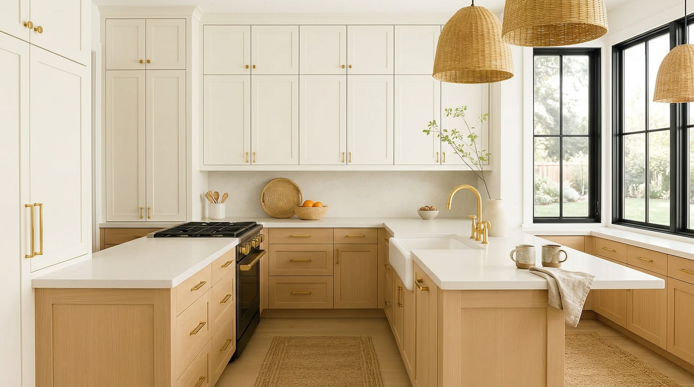 Cream shaker and light oak kitchen with white quartz counters, brass tapware and rattan pendants
